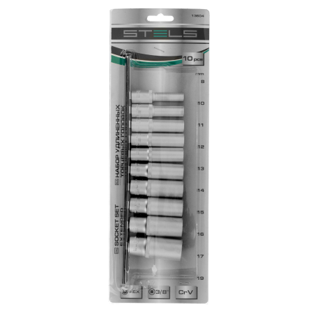 Набор удлиненных торцевых головок 3/8", 6-ти гр., crv, 10шт., 8-19мм  stels