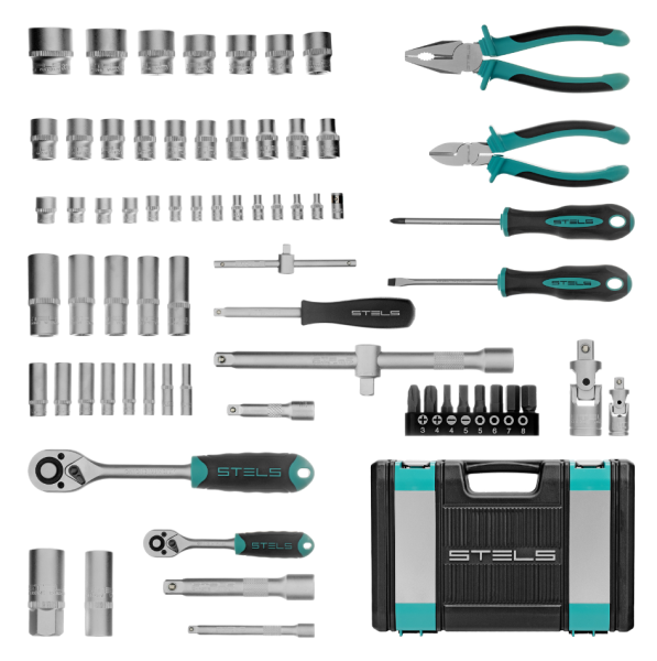 Набор инструментов, 1/2", 1/4", crv, пластиковый кейс 69 предметов stels