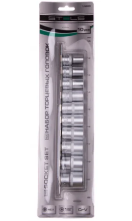 Набор удлиненных торцевых головок 1/2", 6-ти гр., crv, 10шт., 10-22мм stels